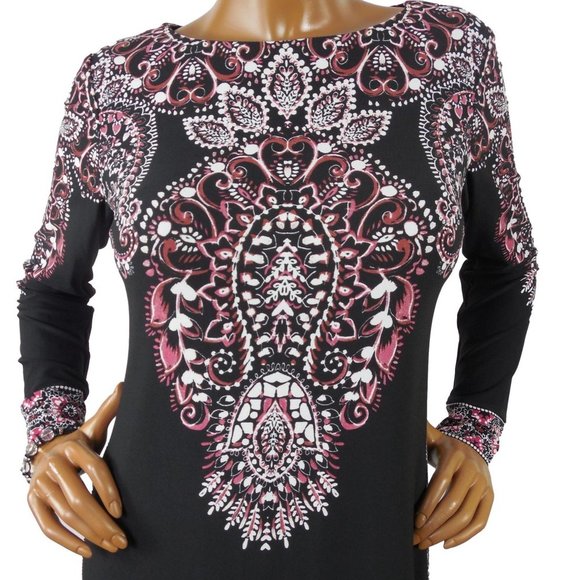 INC Cocktail Dress 8/M NWT $79 Black/Red/Pink Print Stretch Lined Long Sleeves - Picture 3 of 12